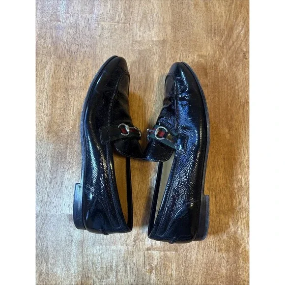 Gucci Loafers Web Grossgain Horsebit Black Patent Flats Shoes Sz 37.5 Mocassins - Picture 4 of 8